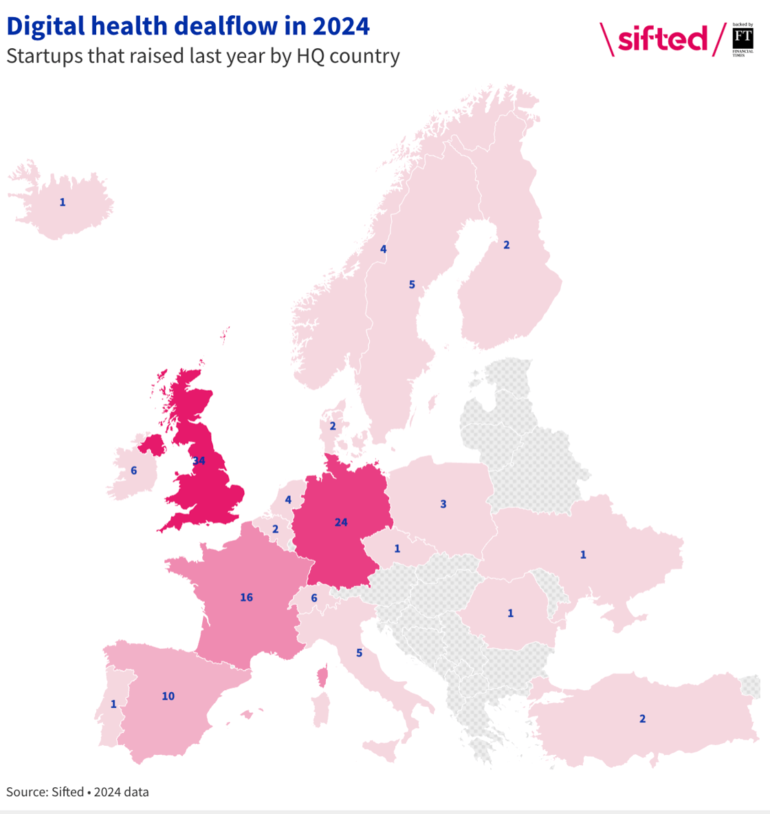 A map visualising the digital health dealflow in 2024