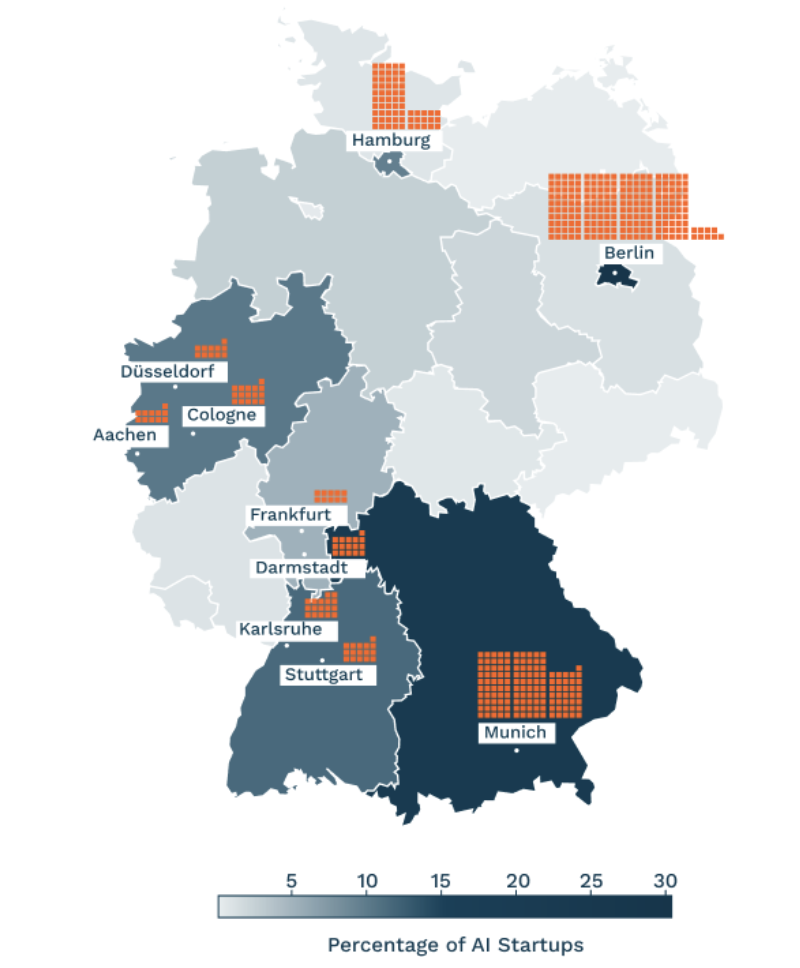 Map of Germany showing where the most number of AI companies are based.